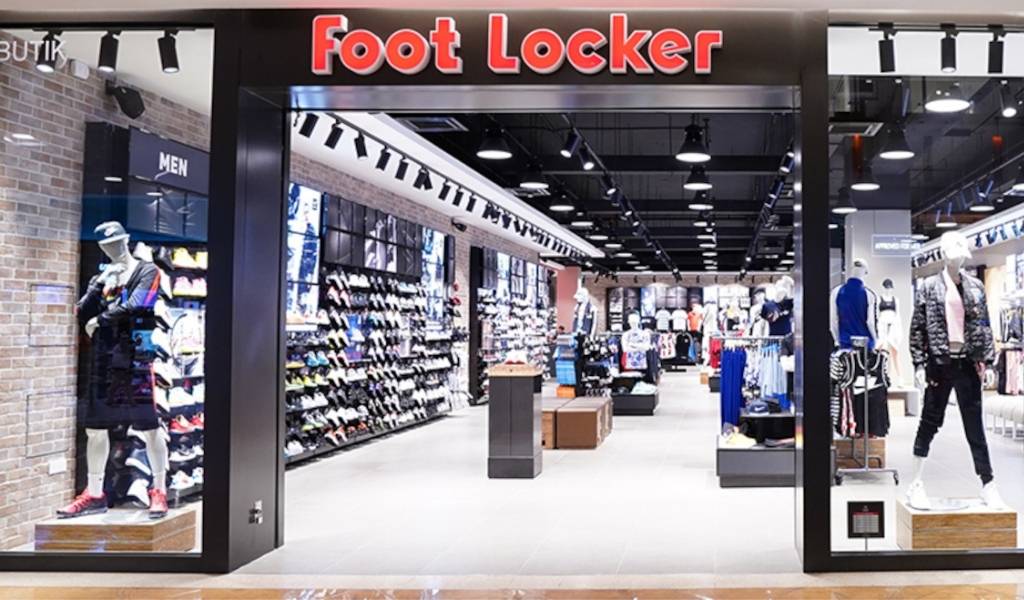 Foot Locker storefront with clothing and shoe displays