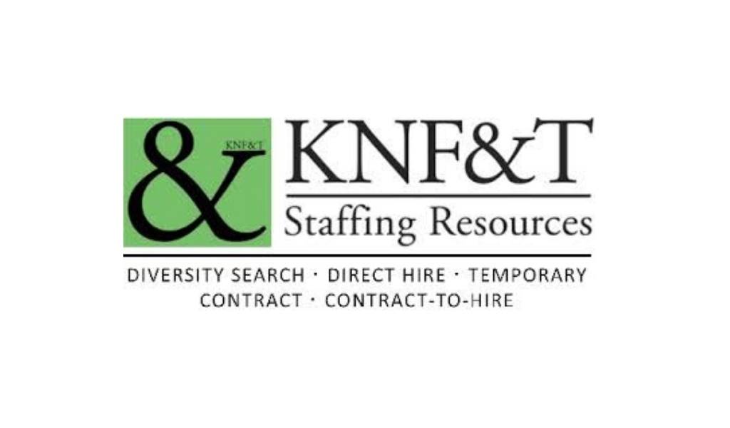 KNF and T Staffing logo on a white background with the ampersand on a green blackground, text all in black