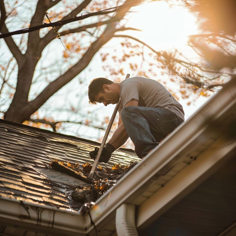 Man crouching and cleaning a gutter